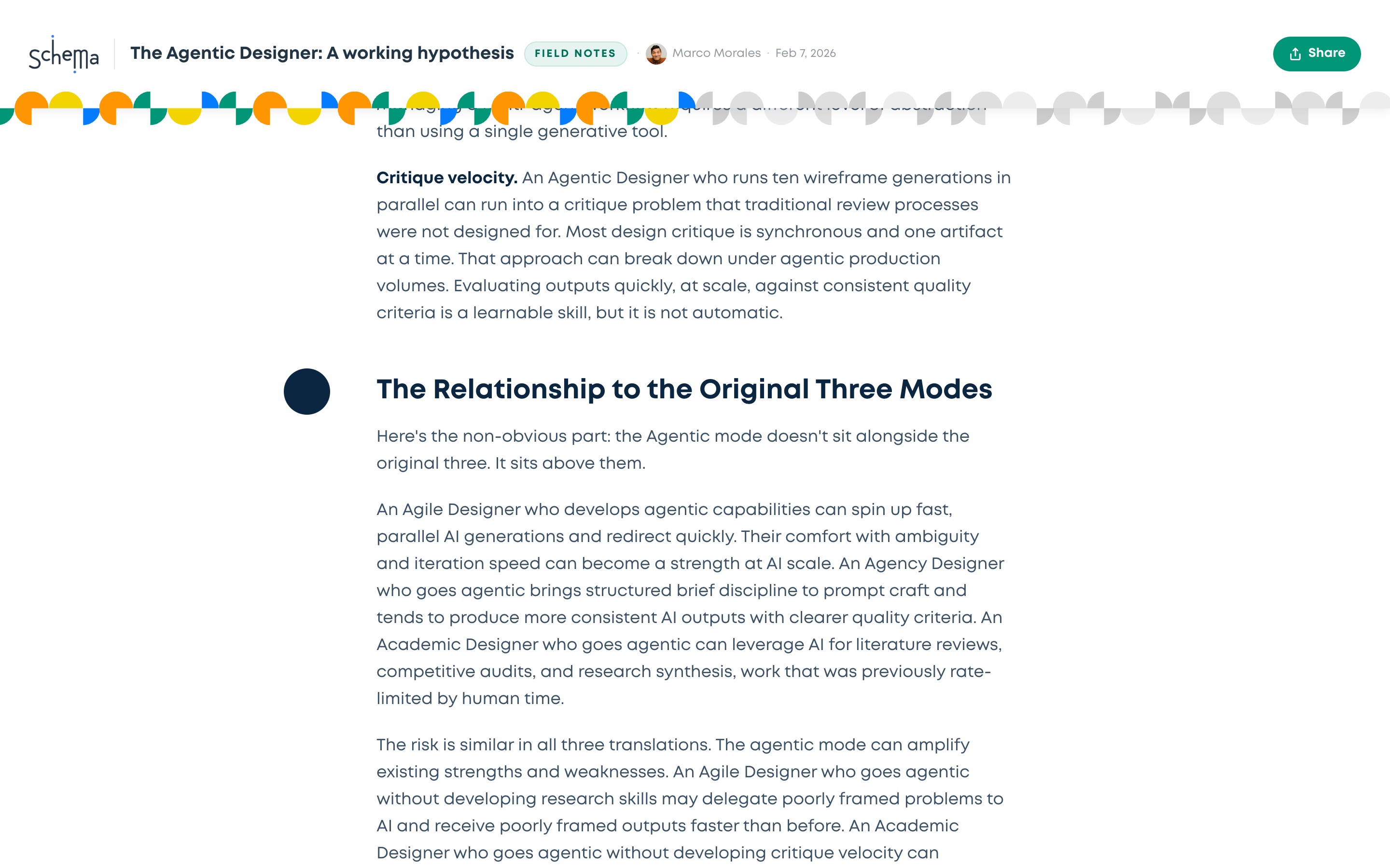 A Schema Insights article halfway through: the confetti strip under the sticky header is colored on the left half and gray on the right