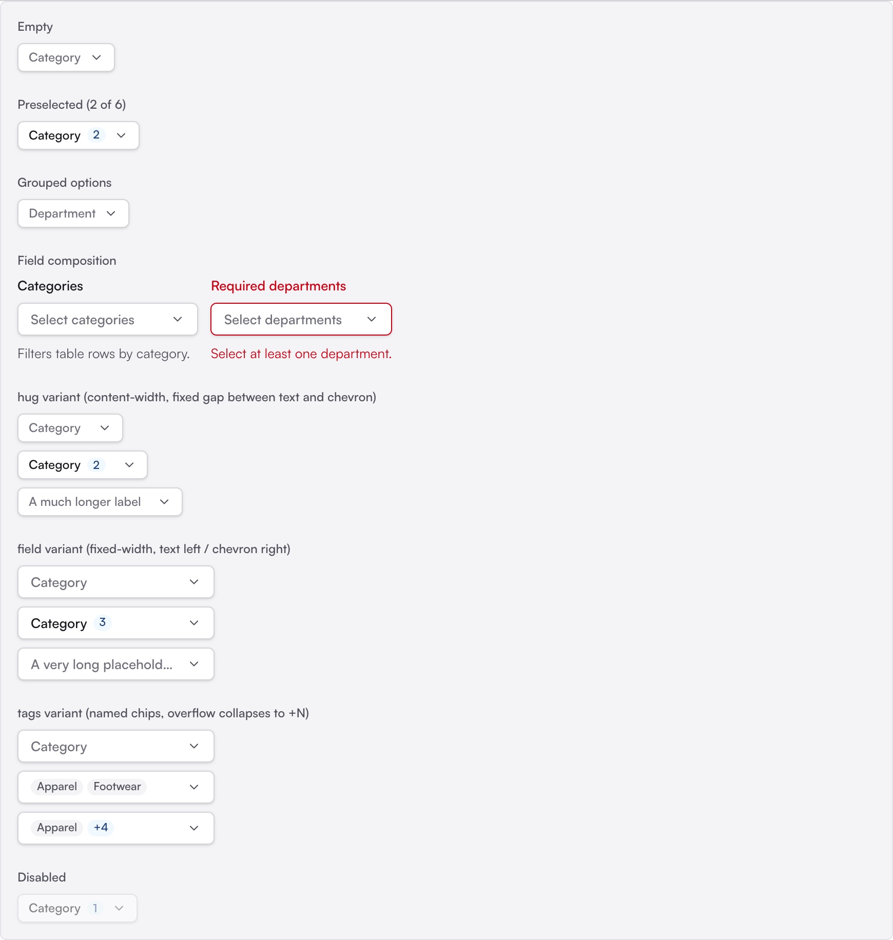 MultiSelect variants: empty, preselected, grouped, field composition with an error state, hug, field, and tag-chip triggers, and disabled