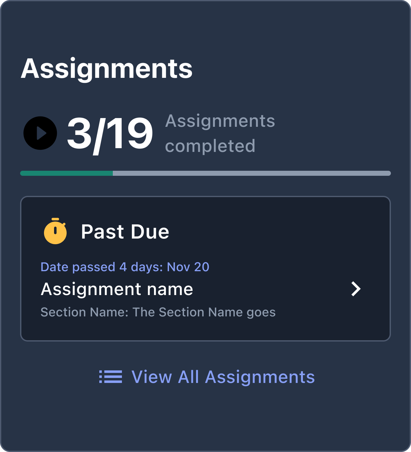 Assignments card with a past-due assignment, dark theme