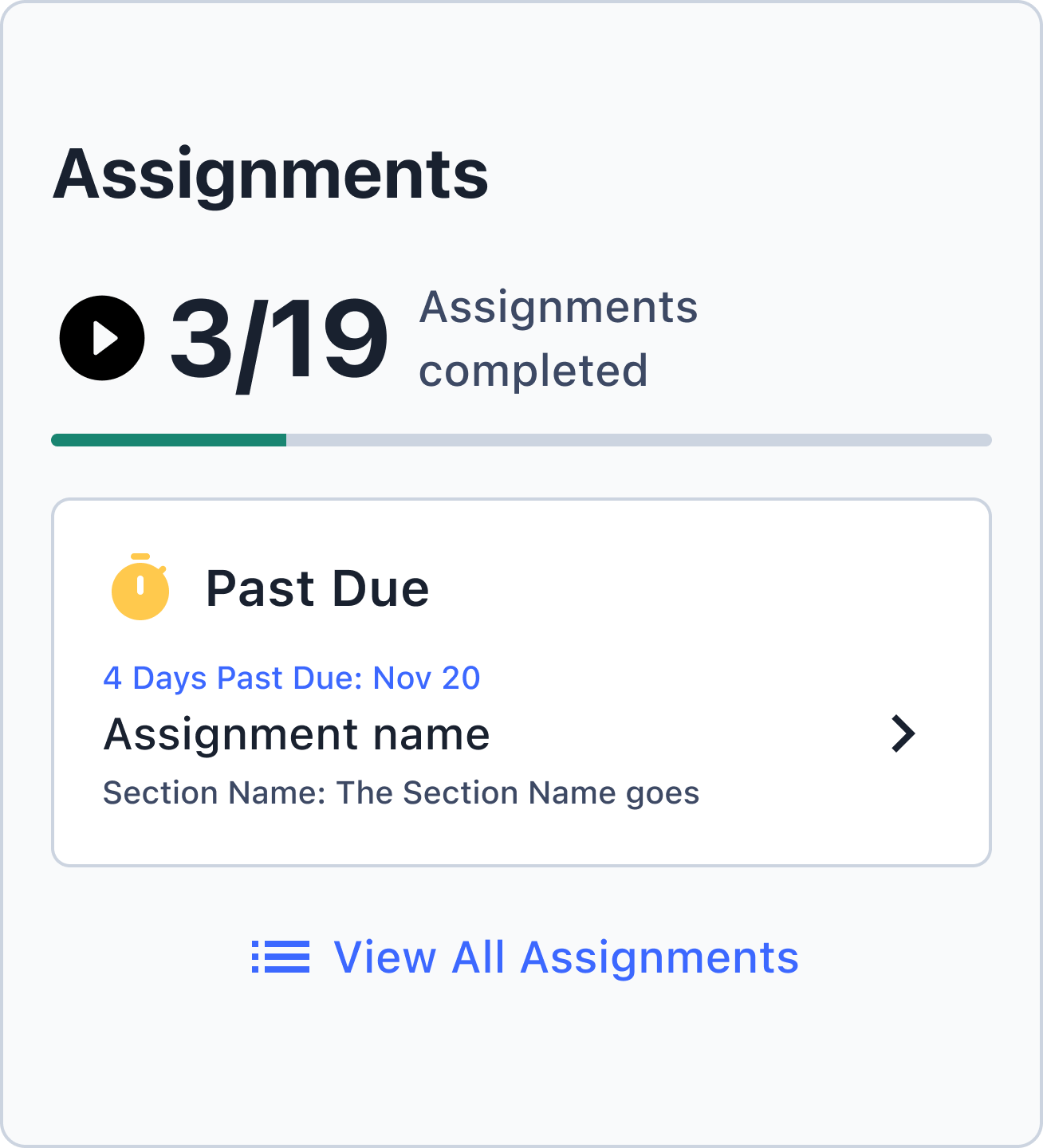 Assignments card with a past-due assignment, light theme