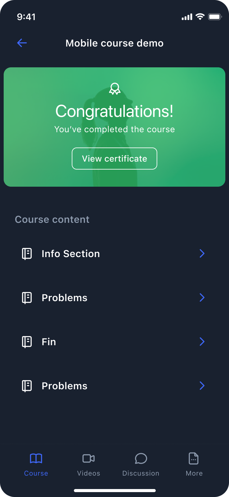 Course completed state, dark theme