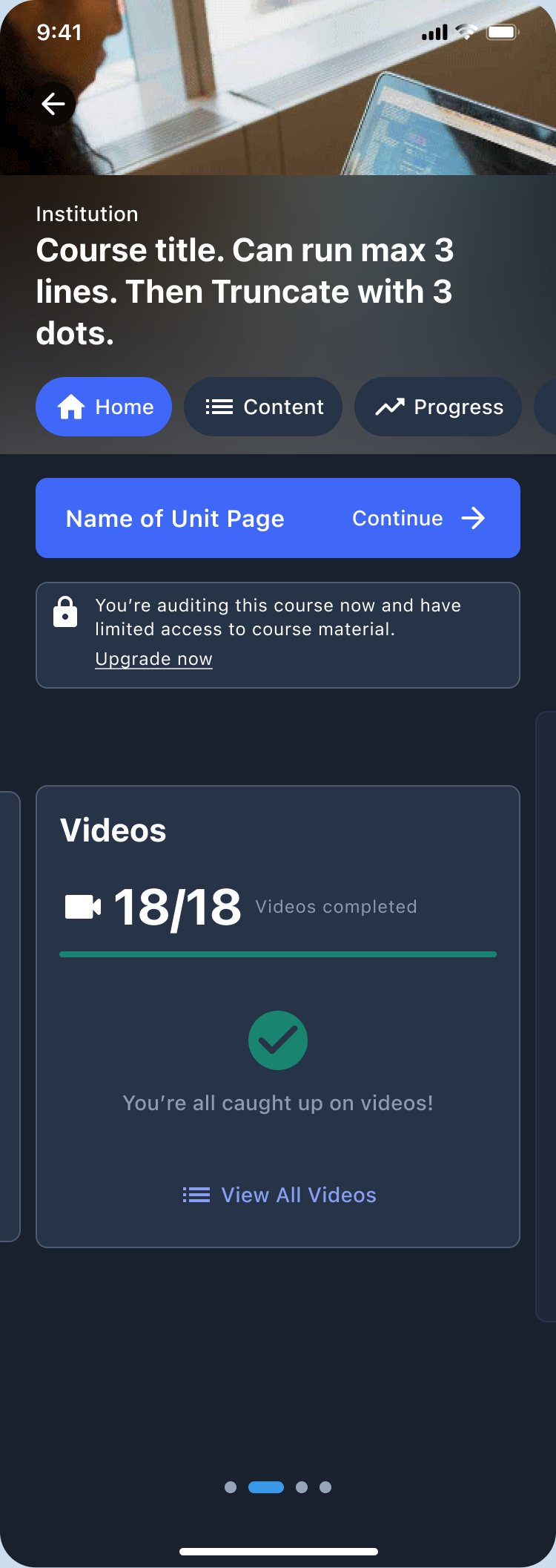 Course home scrolled, dark theme