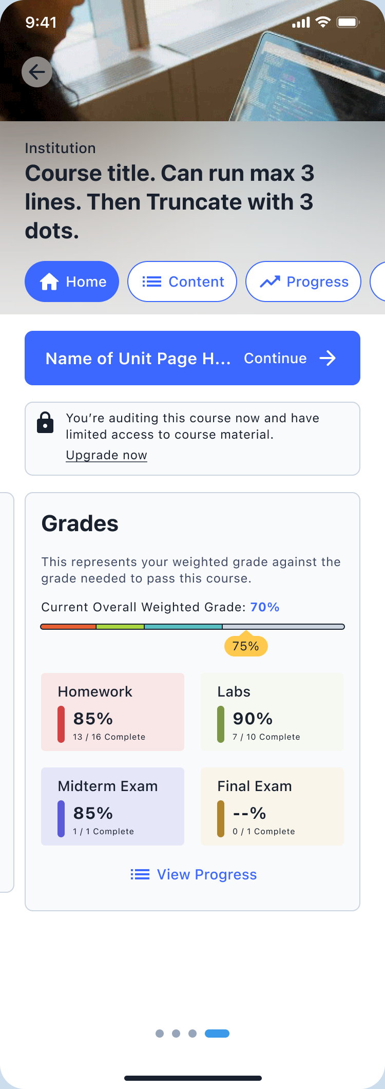 Course home with grade status, light theme