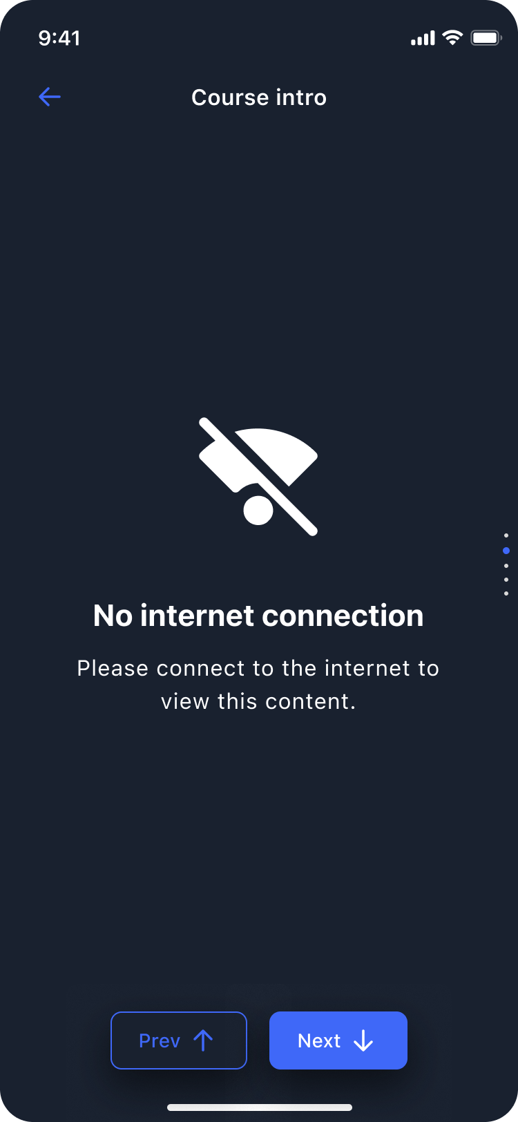 No internet connection state, dark theme