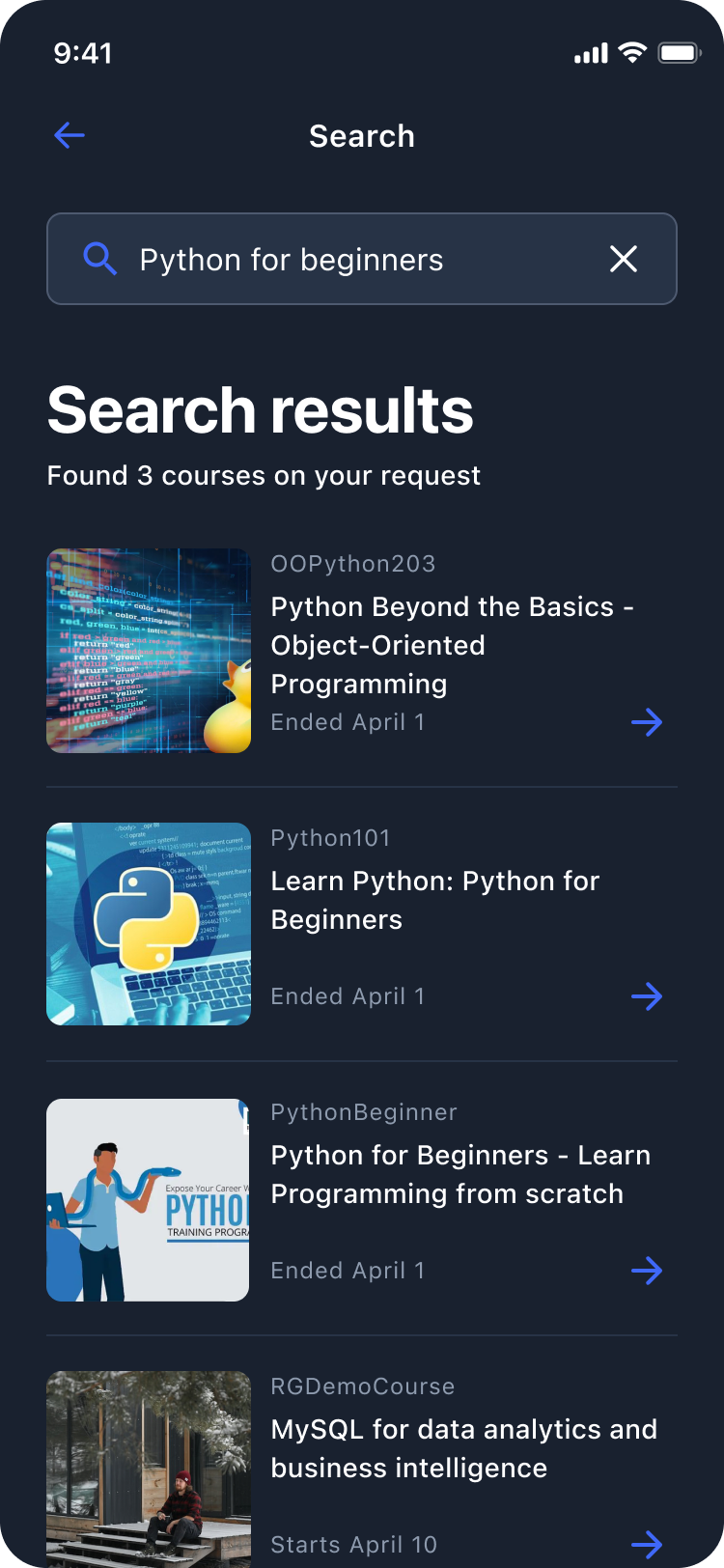 Course search results, dark theme