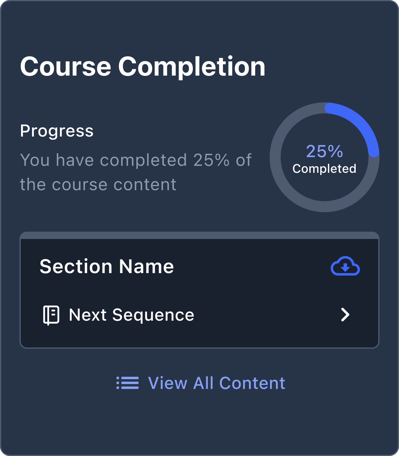 Course completion card at 25%, dark theme