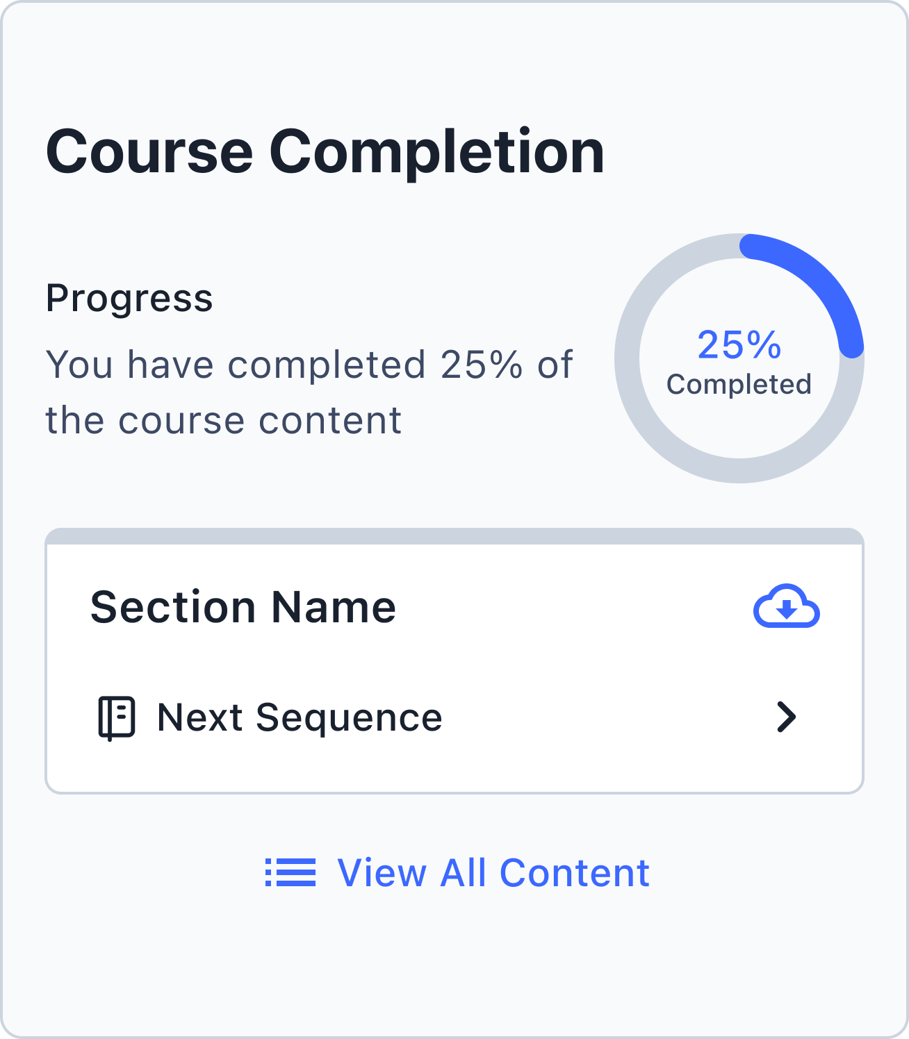 Course completion card at 25%, light theme