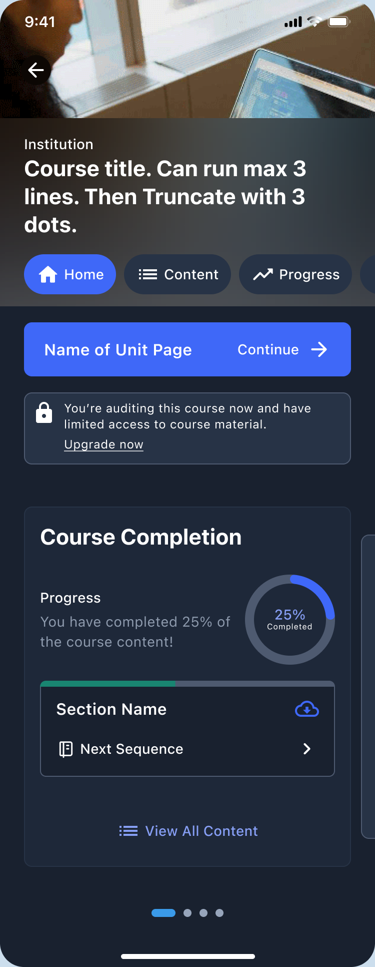 Course home in the dark theme: continue button, course completion card at 25%, and the progress carousel