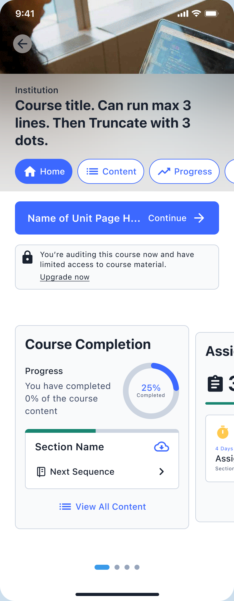 Course home in the light theme: continue button, course completion card at 25%, and the progress carousel