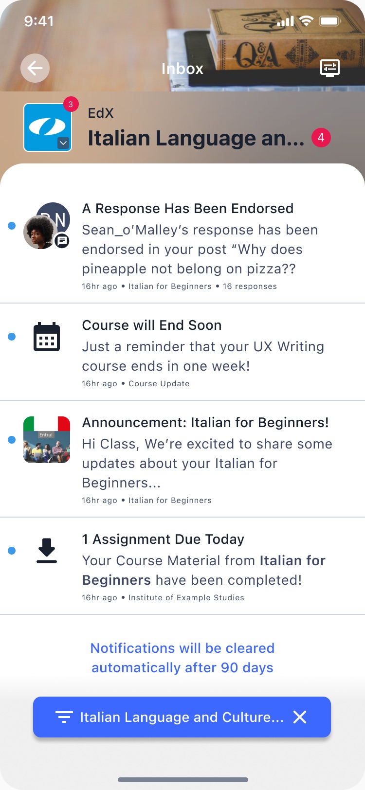 Inbox filtered to a single course