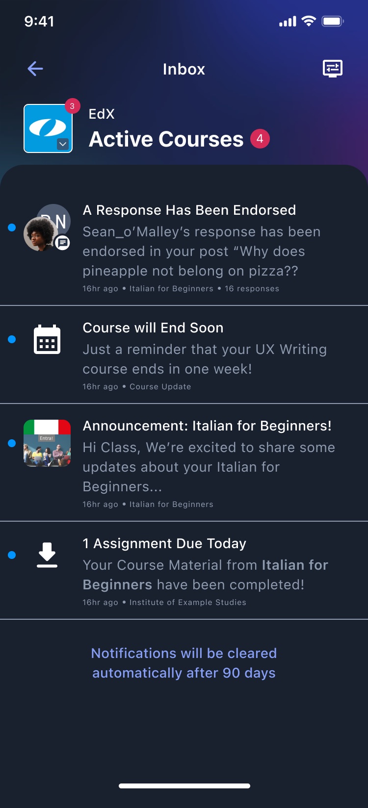 Notification inbox for active courses, dark theme