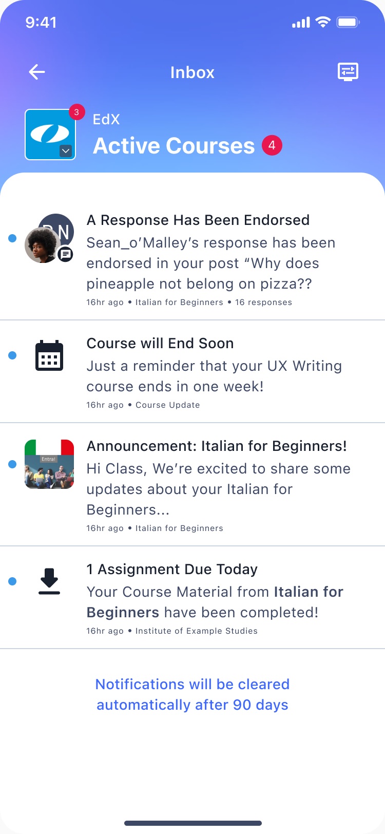 Notification inbox for active courses, light theme