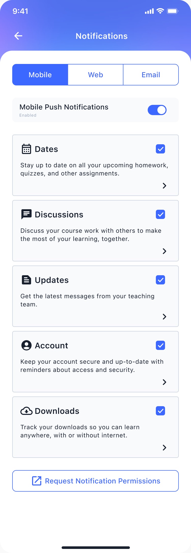 Notification settings by category, with mobile, web, and email tabs