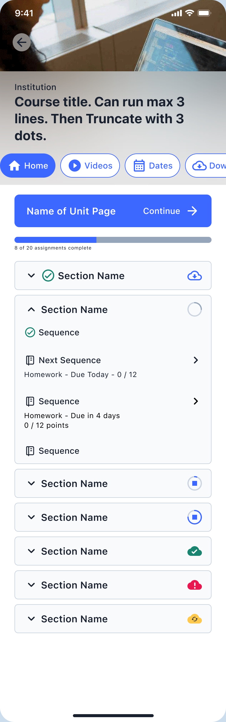 Course home showing download icons in context
