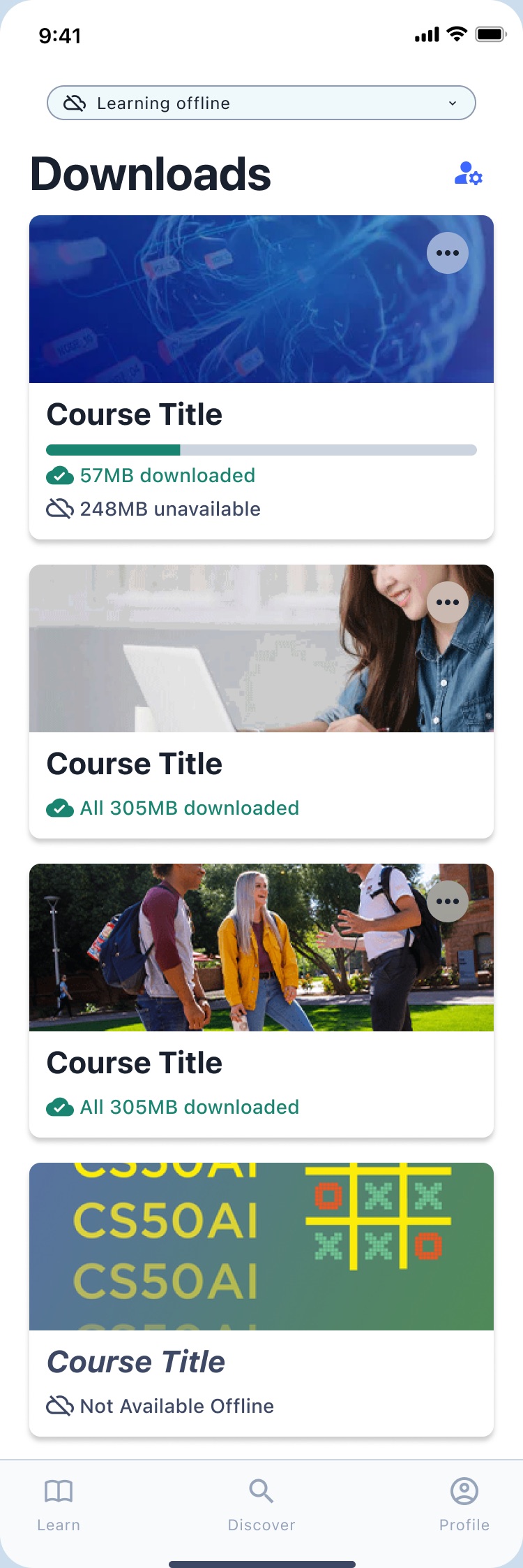 Downloads with a learning-offline status and per-course download states