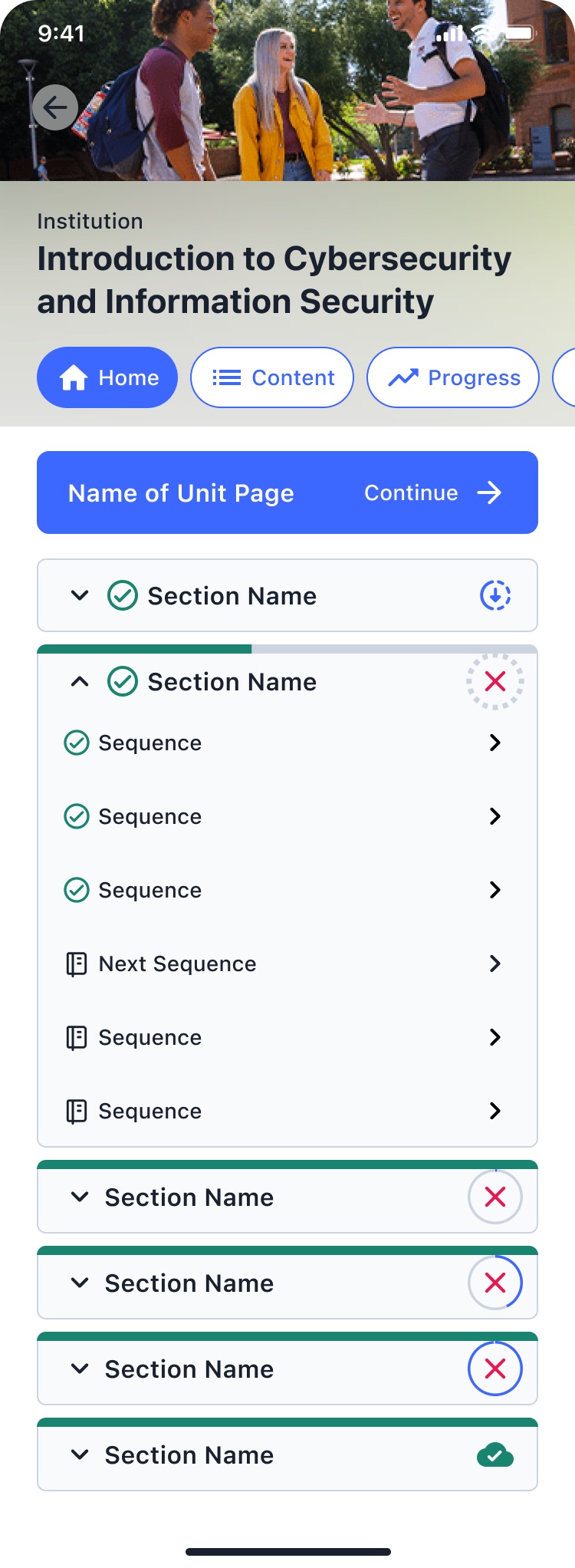 Course content with sync status on each section