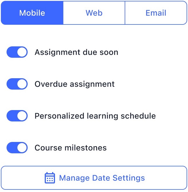 Date notification toggles per channel