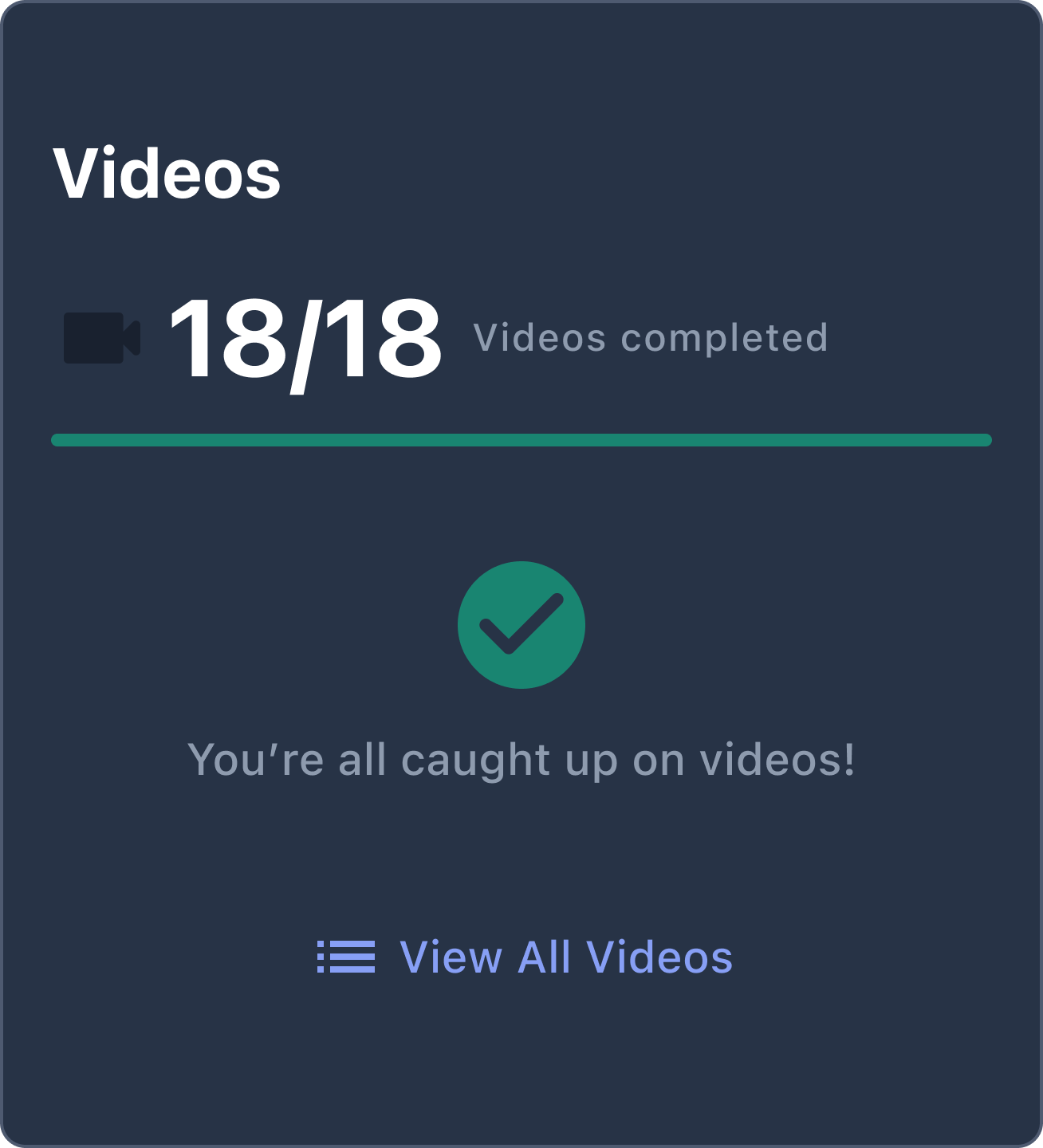 Videos card showing all 18 watched, dark theme