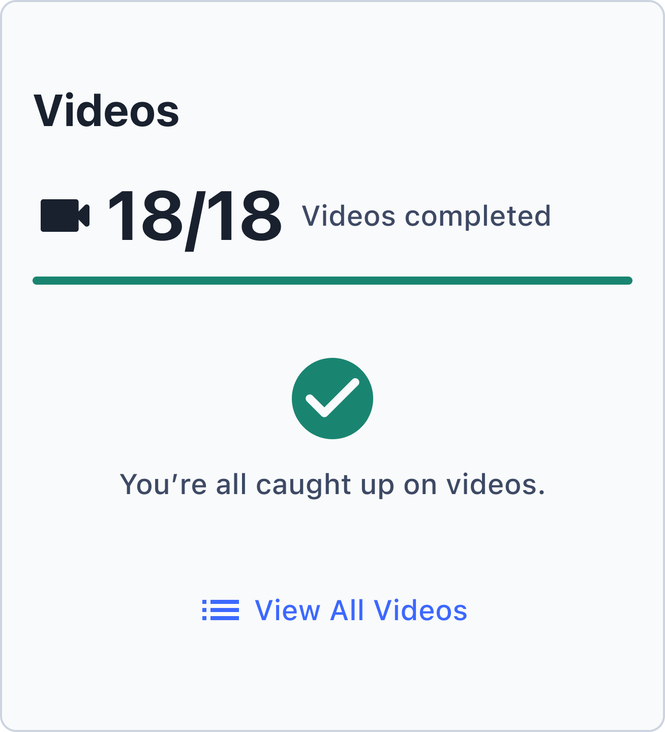 Videos card showing all 18 watched, light theme