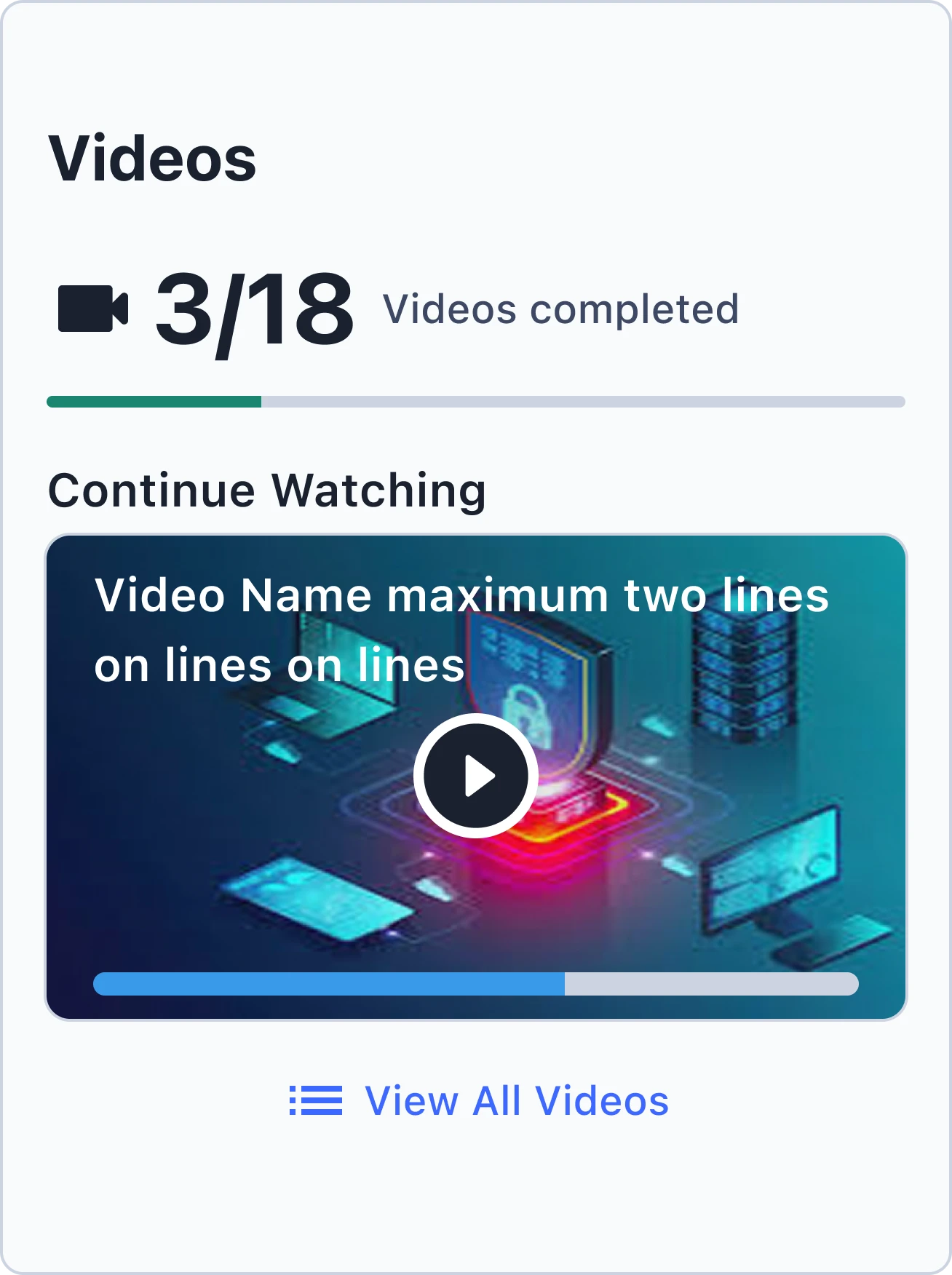 Videos card with a continue-watching video, light theme