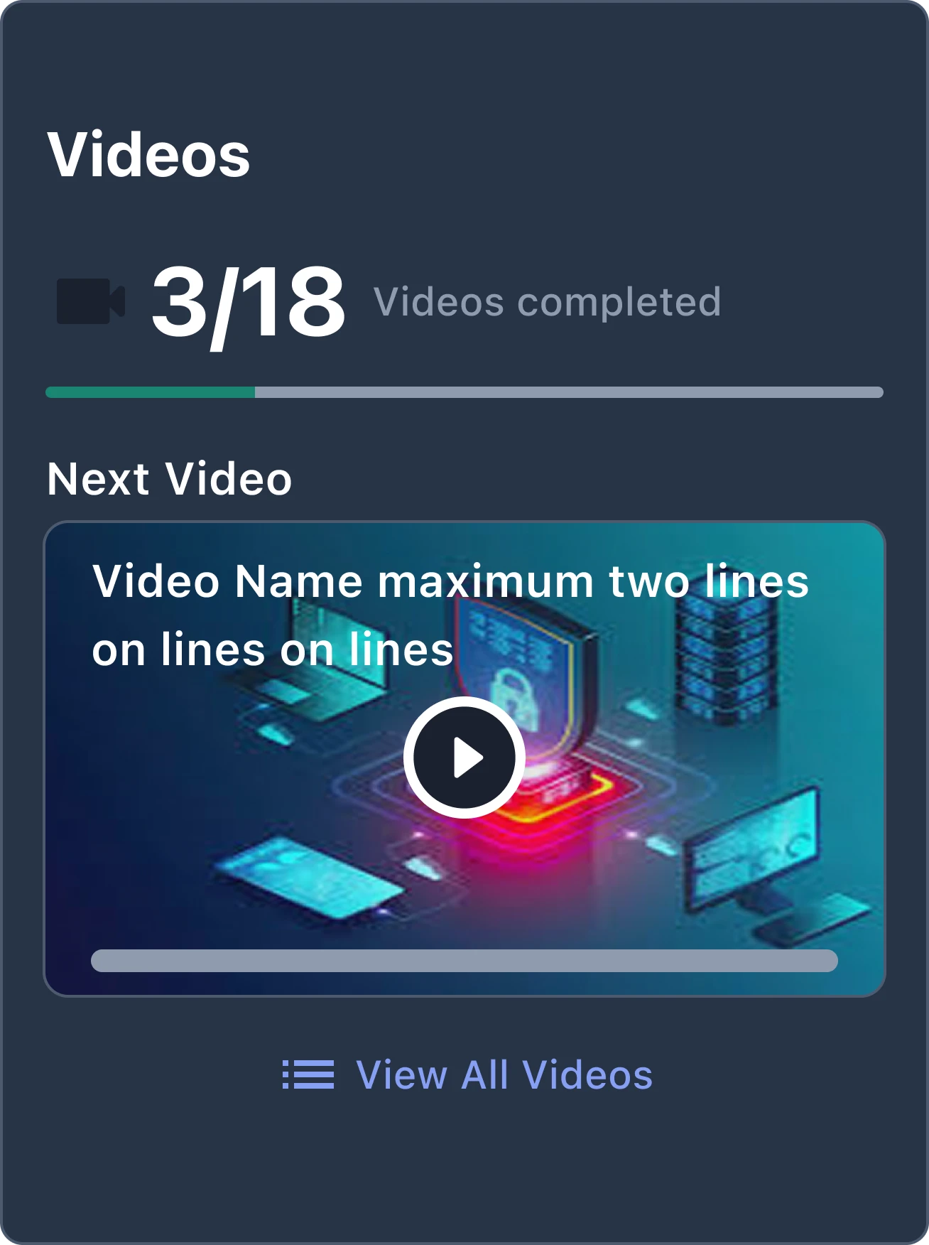 Videos card with the next video to watch, dark theme